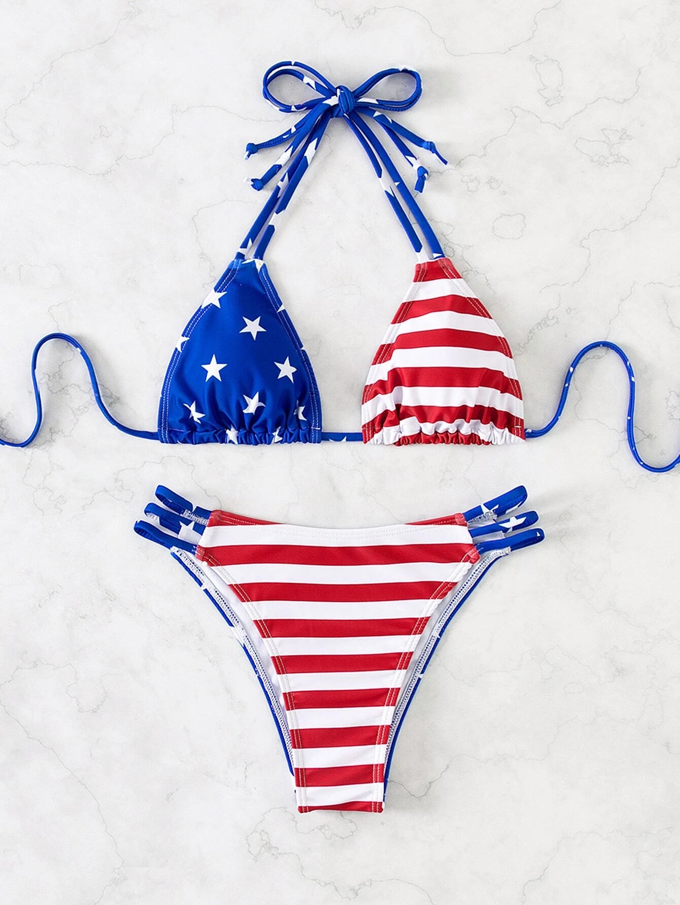 Summer Beach American USA Flag Print Bikini Set Halter Triangle Top & Bikini Bottom 2 Pieces Bikini 4Th of July Bikini Set for Summer Beach
