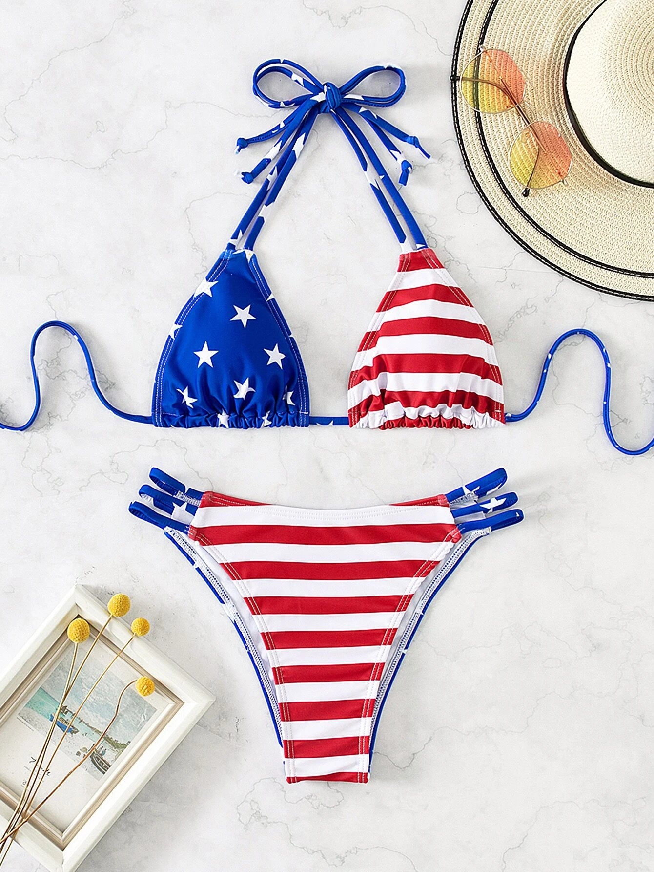 Summer Beach American USA Flag Print Bikini Set Halter Triangle Top & Bikini Bottom 2 Pieces Bikini 4Th of July Bikini Set for Summer Beach
