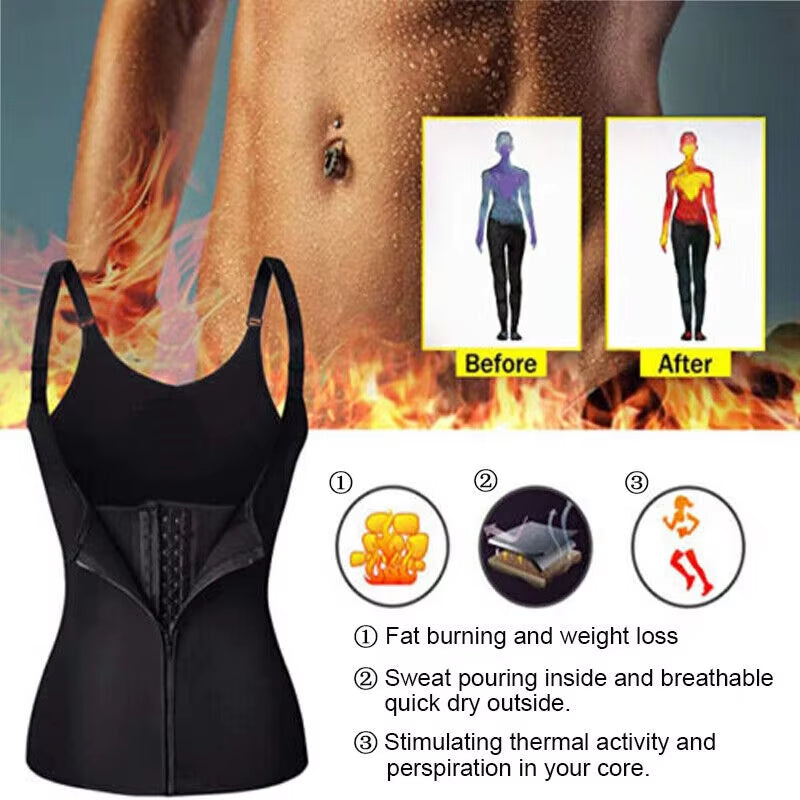 Women'S Waist Trainer Sauna Sweat Vest Corset Body Shaper Neoprene Shapewear Gym Workout Tank Top Black Slimming Top with Zipper