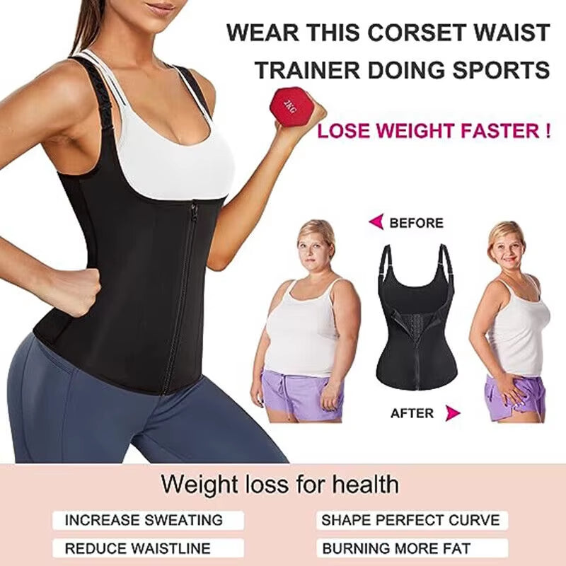 Women'S Waist Trainer Sauna Sweat Vest Corset Body Shaper Neoprene Shapewear Gym Workout Tank Top Black Slimming Top with Zipper