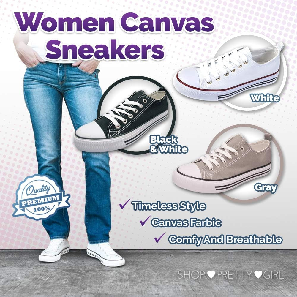 Women'S Casual Canvas Shoes Solid Colors Low Top Lace up Flat Fashion Sneakers (7, White)