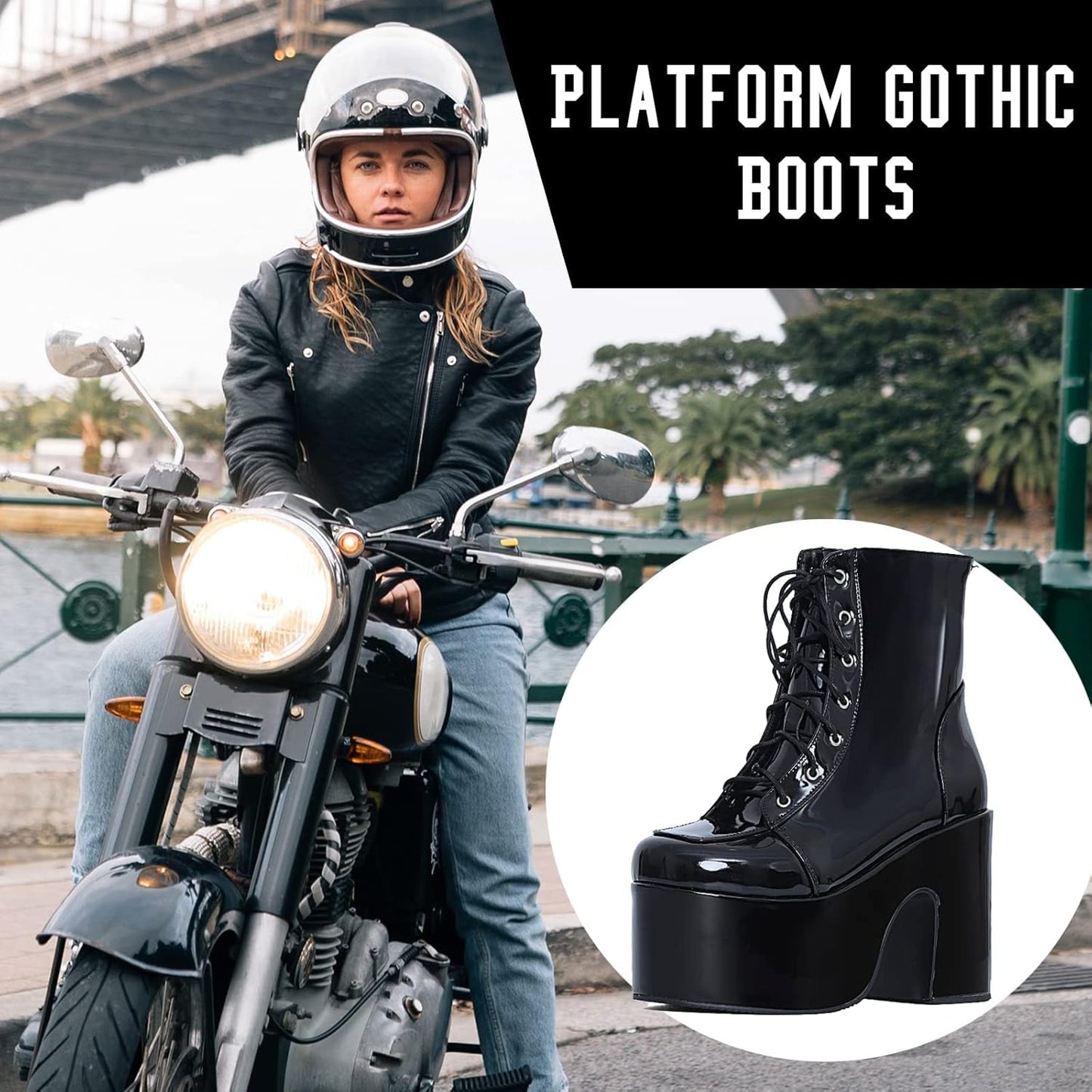 Platform Boots Goth Boots for Women Chunky Heeled Combat Goth Boots Buckle Knight Punk Gothic Boots Lace up round Toe Ankle Booties